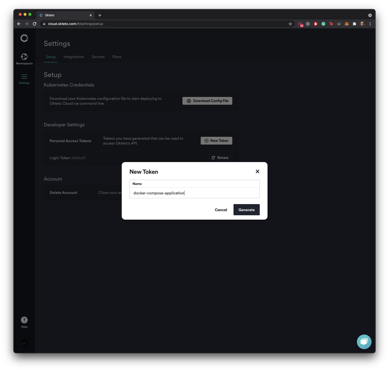 Okteto dashboard - Settings