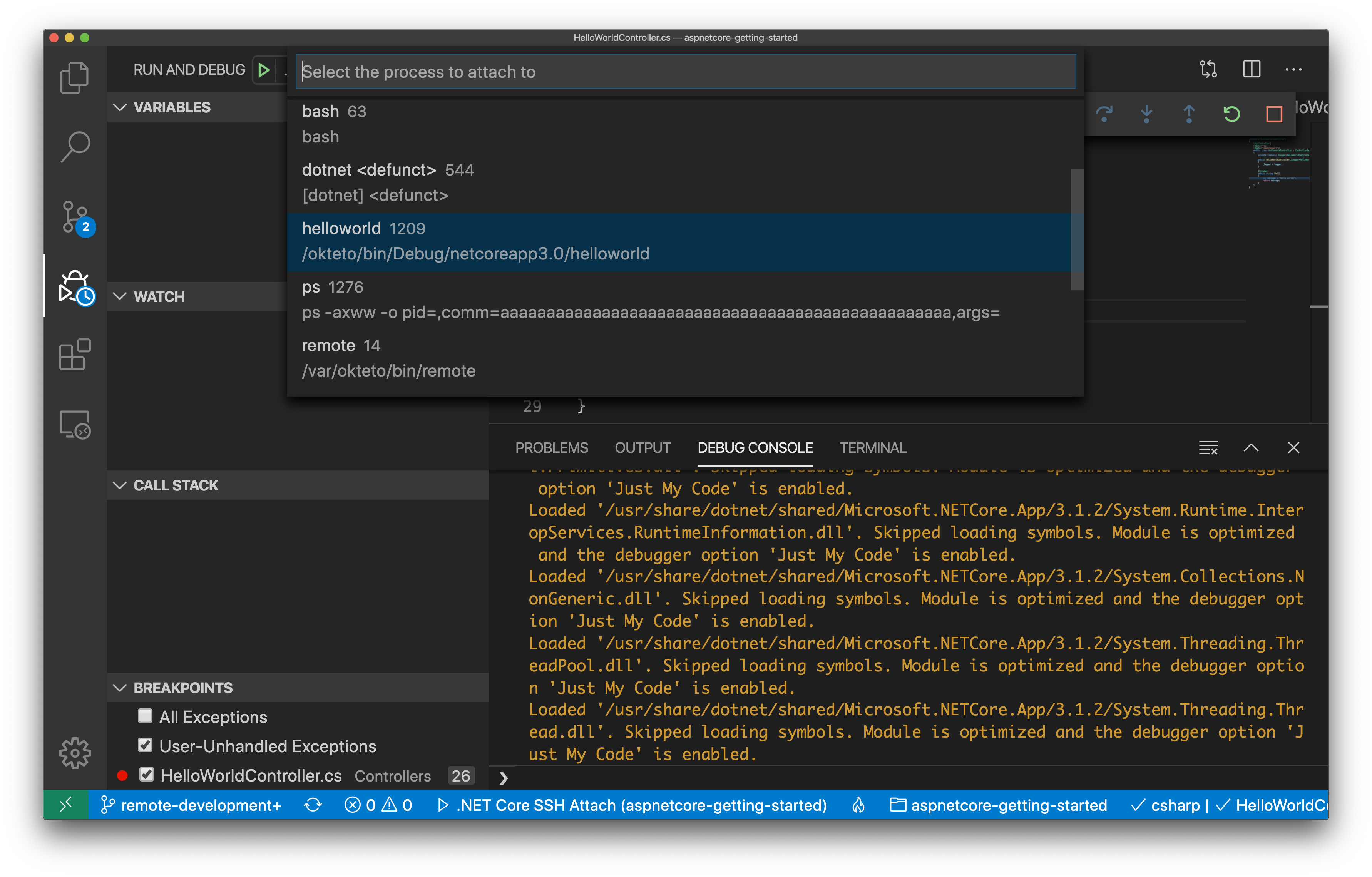 VS Code Debugger showing you the processes to attach