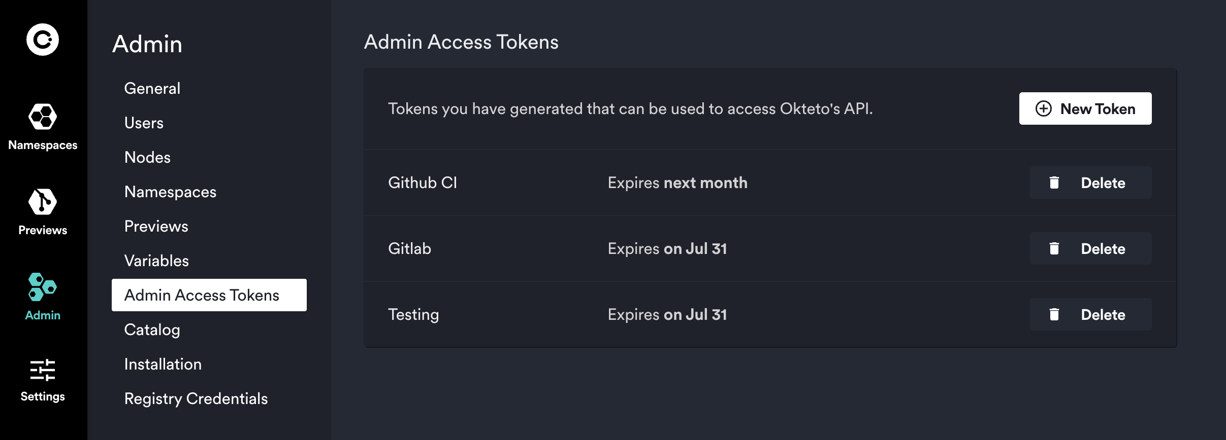 Admin Access Tokens view