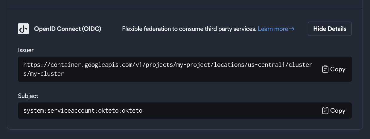 OIDC configuration in admin general view