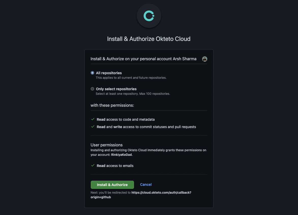 install and authorize Okteto Cloud on github account