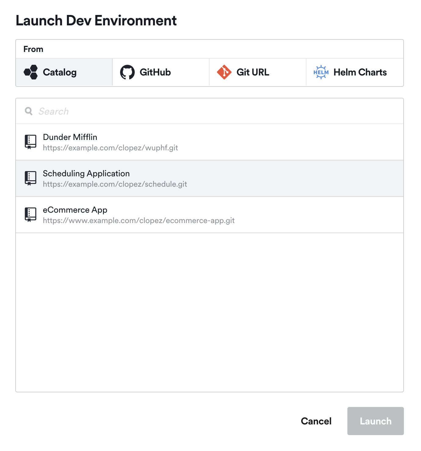 launch a development environment from the Catalog