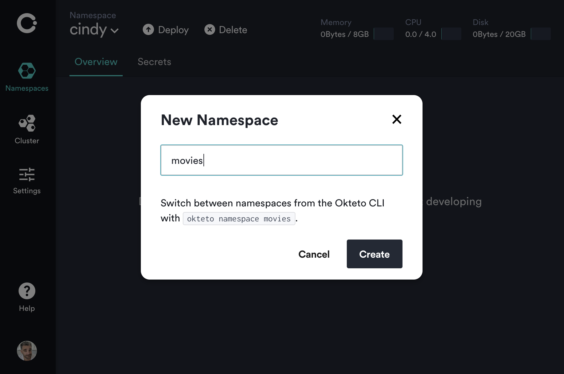 new namespace dialog