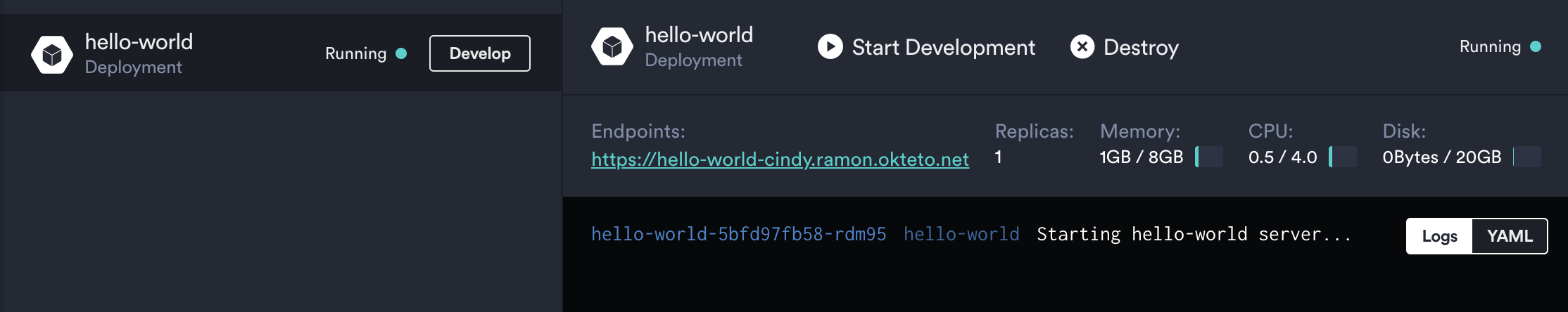 Okteto dashboard of Hello World app